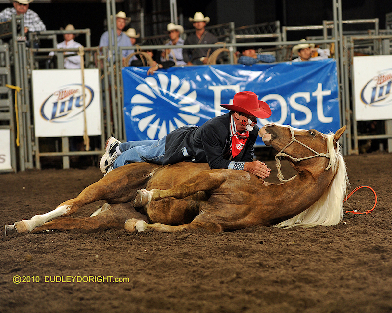 Rodeo clown Keith Isley lying with one of his horses.